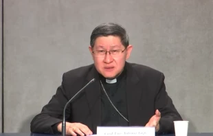Cardinal Luis Antonio Tagle is moved as he recalls his grandfather at a Vatican press conference, June 15, 2021. Screenshot from Vatican News YouTube channel.